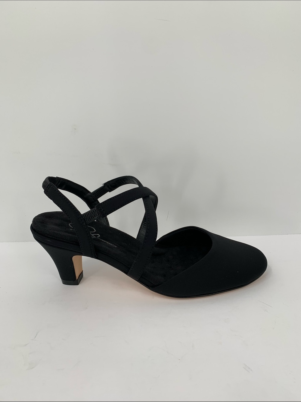 Ros Hommerson Caliente strappy pumps shoe heel criss cross fabric 7.5 WIDE 7.5W